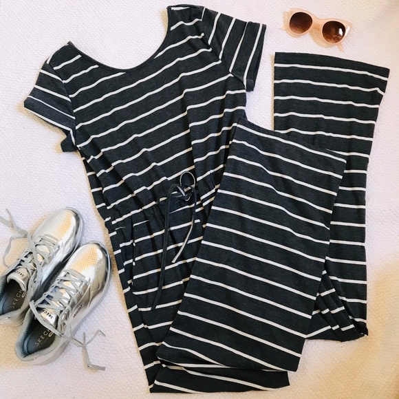 Pants - Grey White Stripe Drawstring Jumpsuit M